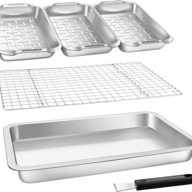 Grill Basket Set, 6-Piece Stainless Steel Large Grill Pans, 16.5" x 11" Pan, Outdoor Grill with Cooling Rack for Vegetables, Fish, Meat, Great Grilling Gifts for Men