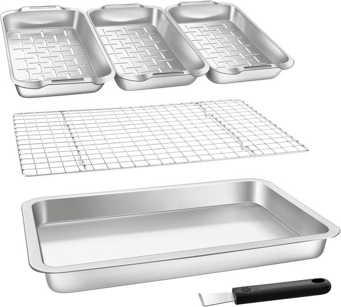 Grill Basket Set, 6-Piece Stainless Steel Large Grill Pans, 16.5" x 11" Pan, Outdoor Grill with Cooling Rack for Vegetables, Fish, Meat, Great Grilling Gifts for Men